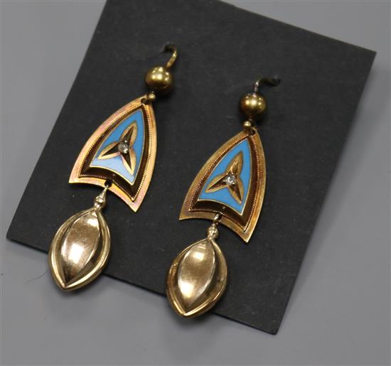 A pair of early 20th century yellow metal, enamel and rose cut diamond set inverted shield shaped drop earrings, approx. 39mm.